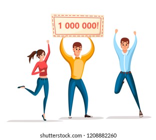 Lottery winner. Women and man stand with winner banner, 1000000. Happy people. Win million. Cartoon character design. Flat vector illustration isolated on white background,