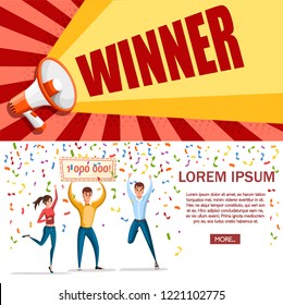 Lottery winner. Women and man stand with winner banner, 1000000. Happy people. Win million. Cartoon character design. Flat vector illustration on white background. Web site page and mobile app design.