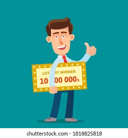 Lottery winner. A young happy guy hold a ten million dollar winning lottery bill and show gesture thumb up. Vector illustration, flat design, cartoon style, isolated background.