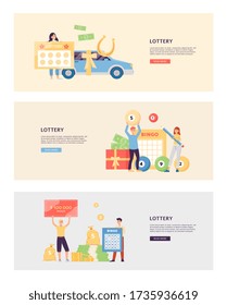 Lottery winners - banner template set with cartoon people holding winning bingo tickets and money check and standing by gift car or cash prize, vector illustration.