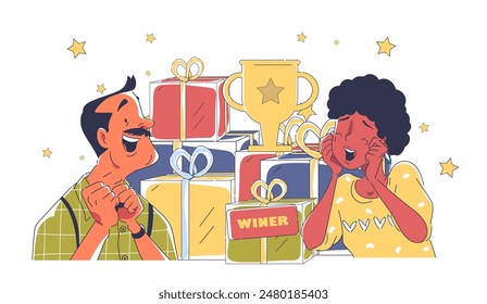 Lottery winners concept. Excited man and woman near gift boxes and presents. Game for luck and fortune. Guy and girl with prizes and award. Linear flat vector illustration isolated on white background