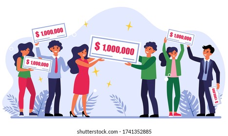 Lottery winners holding check for one million dollars. Money prize, wealth, gain flat vector illustration. Fortune, luck, lottery concept for banner, website design or landing web page