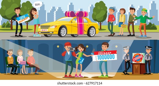 Lottery winners horizontal banners with woman winning new car and man holding check on one million dollars vector illustration
