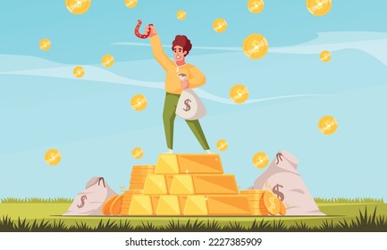 Lottery winning cartoon poster with happy man standing on gold heap vector illustration