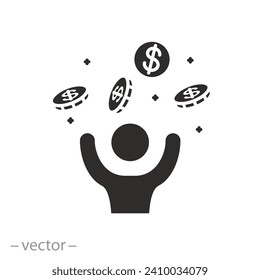 lottery winning icon, win jackpot, happy human with explosion coins, flat symbol - vector illustration