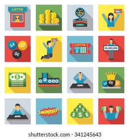 Lottery winning and luck games icons flat set isolated vector illustration