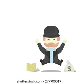 The lottery winnings, happy millionaire, good earnings. Man in black suit jumps for joy.
