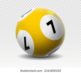 Lotto Ball 7. Glücksspiel, grafische Elemente für die Website. Gelber Ball mit Nummer sieben. Sphere mit Schatten, Interface-Elemente für Spiele, Poster oder Banner. Realistische isometrische Vektorgrafik