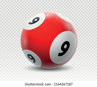 Lotto ball 9. Gambling, graphic elements for website. Stickers for social networks. Red ball with number nine, numbered objects. Colored and bright sphere. Realistic isometric vector illustration