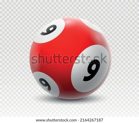 Lotto ball 9. Gambling, graphic elements for website. Stickers for social networks. Red ball with number nine, numbered objects. Colored and bright sphere. Realistic isometric vector illustration