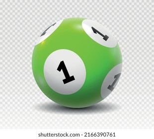 Lotto balls 1. Gambling, graphic elements for website. Green ball with number one. Elements for various games of luck. Interface for application development. Realistic isometric vector illustration