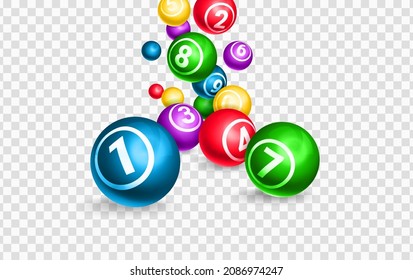 Lotto Balls 3d Realistic Vector Illustration. Colourful Falling Spheres With Lucky Winning Combination Numbers. Keno, Bingo, Lottery Gambling Games. Gaming Leisure Activity, Raffle Or Jackpot Concept.