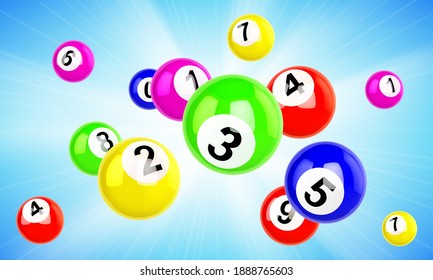 Lotto balls 3d vector bingo, lottery or keno gambling games colourful scatter flying spheres with lucky winning combination numbers. Gaming raffle, jackpot, chance drawing realistic illustration