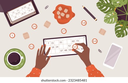 Lotto board game. African female hand holds wooden barrel with number. Kegs in bag and game cards. Top view. Family home activities and hobbies. Vector illustration in flat cartoon style.