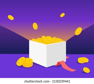 Lotto box full of points and benefits illustration set. surprise, coin, gold, present, gift. Vector drawing. Hand drawn style.