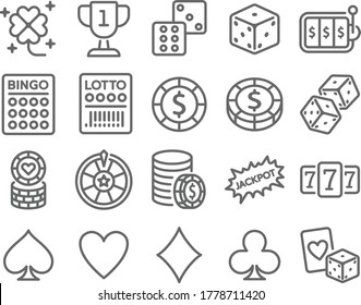 Lotto Casino Icon Set Vector Illustration. Contains Such Icon As Card Game, Casino Chip, Jackpot, Dice, Slot, Lucky Draw And More. Expanded Stroke