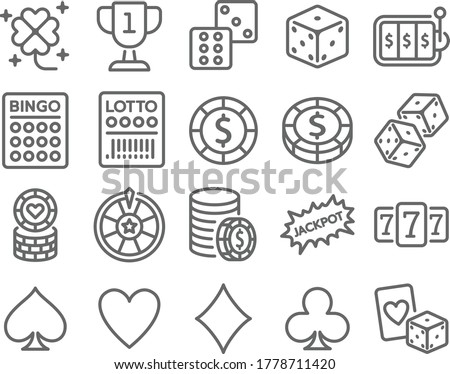 Lotto Casino icon set vector illustration. Contains such icon as Card game, Casino chip, Jackpot, Dice, Slot, Lucky draw and more. Expanded Stroke