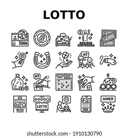 Lotto Gamble Game Collection Icons Set Vector. Lotto Ticket And Ball, Winner Winning Prize And Money, Clover And Rabbit Paw, Fortune And Lucky Black Contour Illustrations