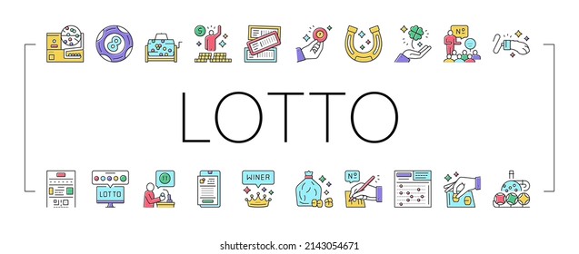 Lotto Gamble Game Collection Icons Set Vector. Lotto Ticket And Ball, Winner Winning Prize And Money, Clover And Rabbit Paw, Fortune And Lucky Concept Linear Pictograms. Contour Color Illustrations