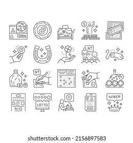 Lotto Gamble Game Collection Icons Set Vector. Lotto Ticket And Ball, Winner Winning Prize And Money, Clover And Rabbit Paw, Fortune And Lucky Black Contour Illustrations
