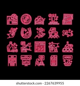 Lotto Gamble Game neon light sign vector. Lotto Ticket And Ball, Winner Winning Prize And Money, Clover And Rabbit Paw, Fortune And Lucky Illustrations