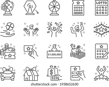 Lotto line icon set. Included the icons as lottery, raffle, draw, jackpot, rich, and more.