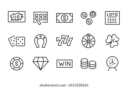 Lotto line icon set. lottery, raffle, draw, jackpot, rich, Casino and gamble cards, dice, poker, slot Prize playing line icons set, editable stroke isolated on white,linear vector outline illustration