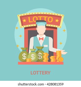 Lotto Lottery casino croupier dealer flat style vector illustration. Fortune money bag coins gambling gamble concept.