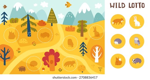 Lotto mini juego con animales del bosque. Otoño bosque animal juego de lotería para los niños.