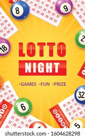 Lotto Night Realistic Vertical Poster With Bingo Tickets And Balls Vector Illustration