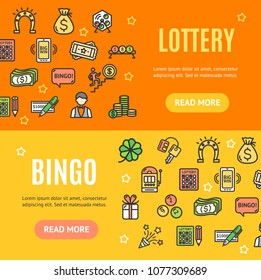 Lotto Signs Banner Card Horizontal Set with Color Outline Icons. Vector illustration of Banners Cards Lottery Bingo