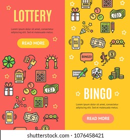 Lotto Signs Banner Vecrtical Card Set with Color Outline Icons Gamble Game. Vector illustration of Banners Cards Lottery Bingo