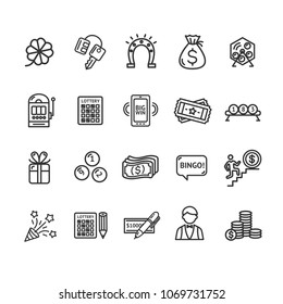 Lotto Signs Black Thin Line Icon Set Include of Roulette, Machine, Horseshoe and Gift. Vector illustration of Icons Lottery