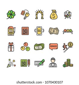 Lotto Signs Color Thin Line Icon Set Include of Luck Symbol, Money, Ticket and Ball. Vector illustration of Icons Lottery