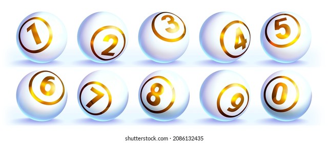 Lotto white balls with golden numbers vector realistic illustration. Lottery gambling glossy spheres. Snooker, leisure sport game or billiard bingo ball isolated on white background.