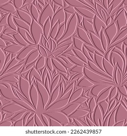 Lotus. 3d embossed grunge floral seamless pattern. Textured lotus flowers relief background. Repeat emboss plants backdrop. Surface leaves, flowers. 3d pink flowers ornament with embossing effect. 