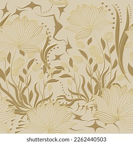 Lotus. 3d embossed lines floral seamless pattern. Textured lotus flowers relief background. Repeat emboss plants backdrop. Surface leaves, flowers. 3d line art flowers ornament with embossing effect. 