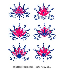 Lotus abstract drawing, ethnic tribal motifs set collections. blue and red colors on white background.