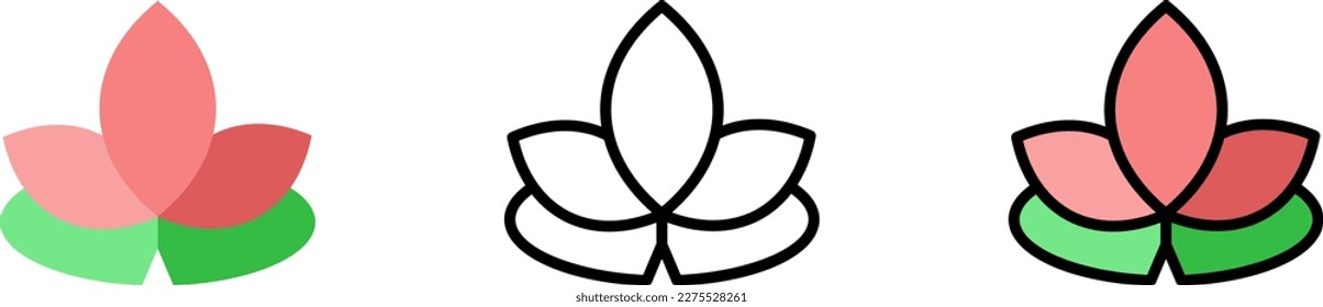Lotus alternative Medizin Vektorsymbol in verschiedenen Stilen. Linie, Farbe, abgefüllter Umriss