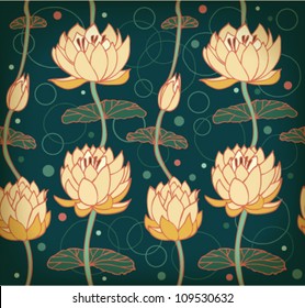 Lotus background. Floral pattern with water lilies. Seamless nenuphar cute backdrop can be used for greeting cards, postcard, arts, wallpapers, web pages, surface texture, clothes, prints, tapestry