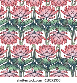 Lotus background. Floral pattern with water lilies isolated on white background. EPS10 vector illustration.