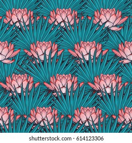 Lotus background. Floral seamless pattern with water lilies and fan palm tree leaves on deep blue background. EPS10 vector illustration.