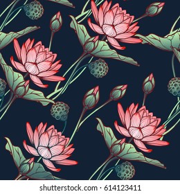 Lotus background. Floral seamless pattern with water lilies isolated on deep blue background. Diagonal rhythm. EPS10 vector illustration.
