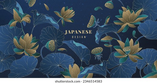 Antecedentes de Lotus. Patrón de flores de oro, diseño de tarjetas de Japón, diseño de primavera para yoga, arte de pared de lujo o papel tapiz. Diseño gráfico botánico. Flores doradas. Ilustración exacta abstracta del vector