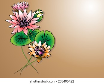 Lotus background graphic stripes painted shadows,Lotus flowers hand drawn on background. Traditional Japanese ink painting. Contains hieroglyphs - zen, freedom, nature, beauty