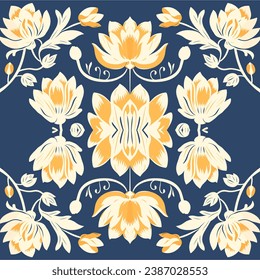 Lotus blossoms and marigolds ikat pattern. For fabric textile texture background wallpaper carpet backdrop.