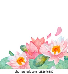 Lotus border. Hand drawn watercolor oriental nature illustration. Artistic lily flowers and leaves background in vector