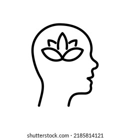 Lotus Brain Wellbeing Concept Line Icon. Wellbeing Peace, Mental Healthy Wellness Pictogram. Meditation Yoga Outline Symbol. Flower Nature Creativity. Editable Stroke. Isolated Vector Illustration.