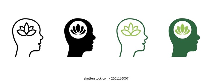 Lotus Brain Wellbeing Concept Silhouette and Line Icon. Wellbeing Peace, Mental Healthy Wellness Pictogram. Meditation Yoga Symbol. Flower Nature Creativity. Editable Stroke. Vector Illustration.