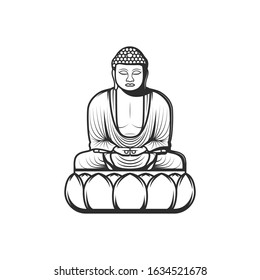 Lotus Buddha isolated meditating monk on flower. Vector Maitreya, Amitabha Sutra buddhism religion symbol. Sitting monk, monochrome Buddha statue Feng shui talisman, japanese ethnic culture symbol